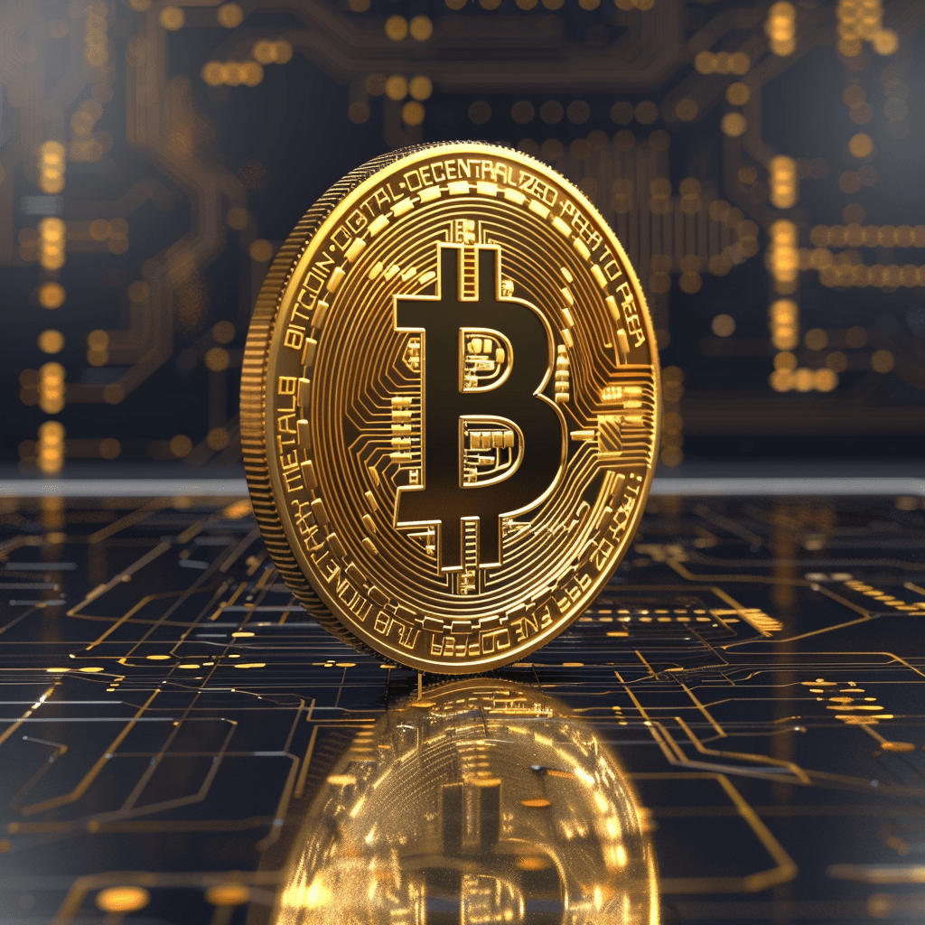 A golden physical representation of a Bitcoin centered in a digital landscape, Bitcoin is Money, and the future of fincance.