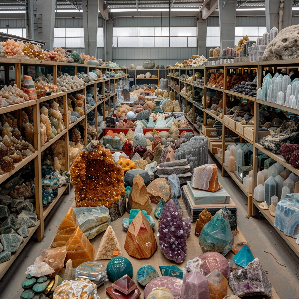 A large warehouse full of many different shapes and sizes of Minerals. Some small, some too large for a single person to move. This gives an example of how hard it would be to transport a hundred due to weight and the possible damage to the fragile structures. Showcasing the dilema of portability as well as the durability of Money.