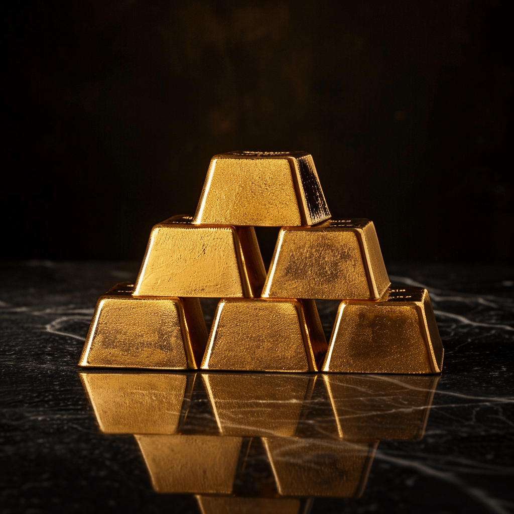 A stack of six gold bars on a dark marble surface with a reflection of the bars shown in the marble. Why gold is the safest form of Money