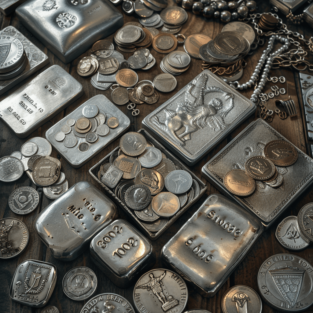 A table full of, and showing why you should own physical silver. Many different forms including bars, coins, and jewelry