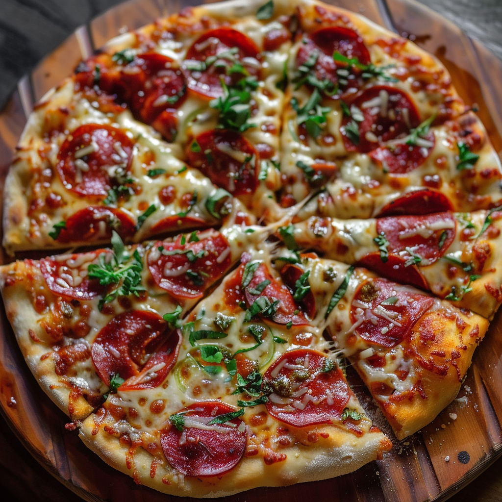 A top view of another pizza that has the slices cut unevenly, showing that some are larger and some are smaller to explain the uniformity aspect of Money. One slice is not of equal value to the next.