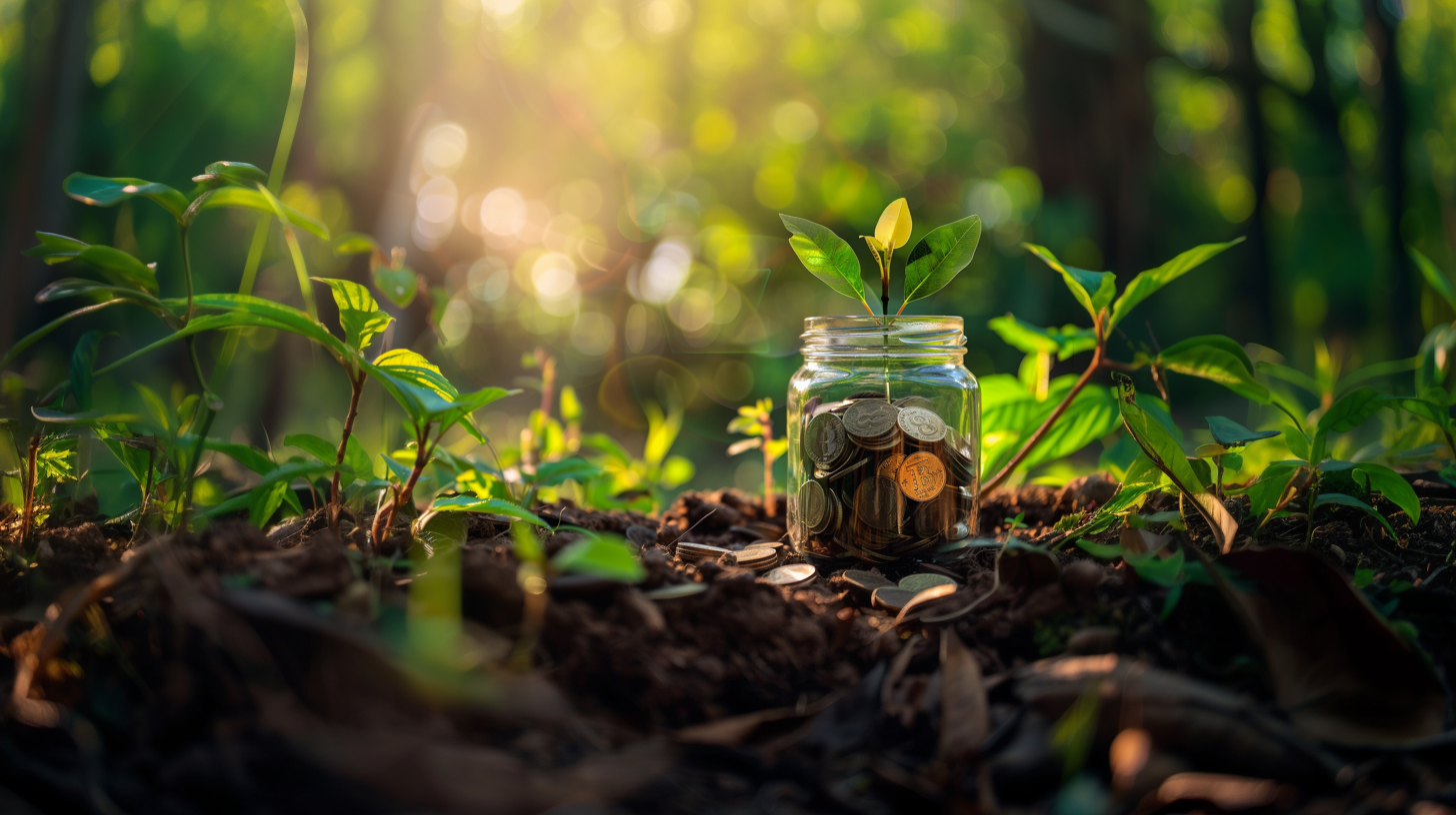 A view from the ground of a beautiful forest with a glass jar full of Bitcoins that is growing a tree. The seed of prosperity is growing. Bitcoin is going up, and its always a good time to buy / save / invest.